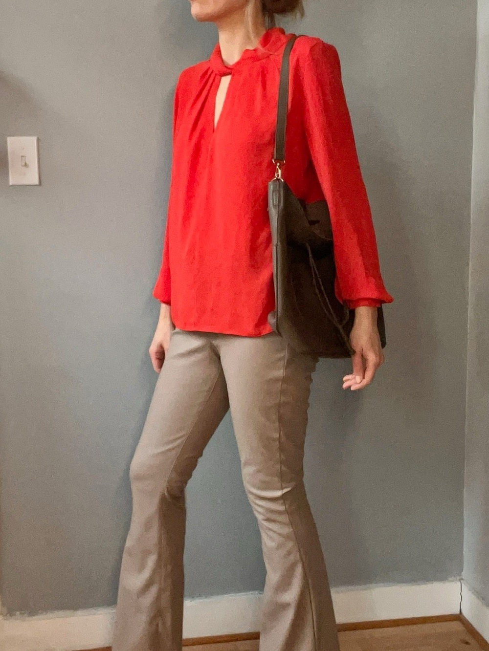 Trendy Bluenotes faux leather warm beige mid-rise flare pants size XS